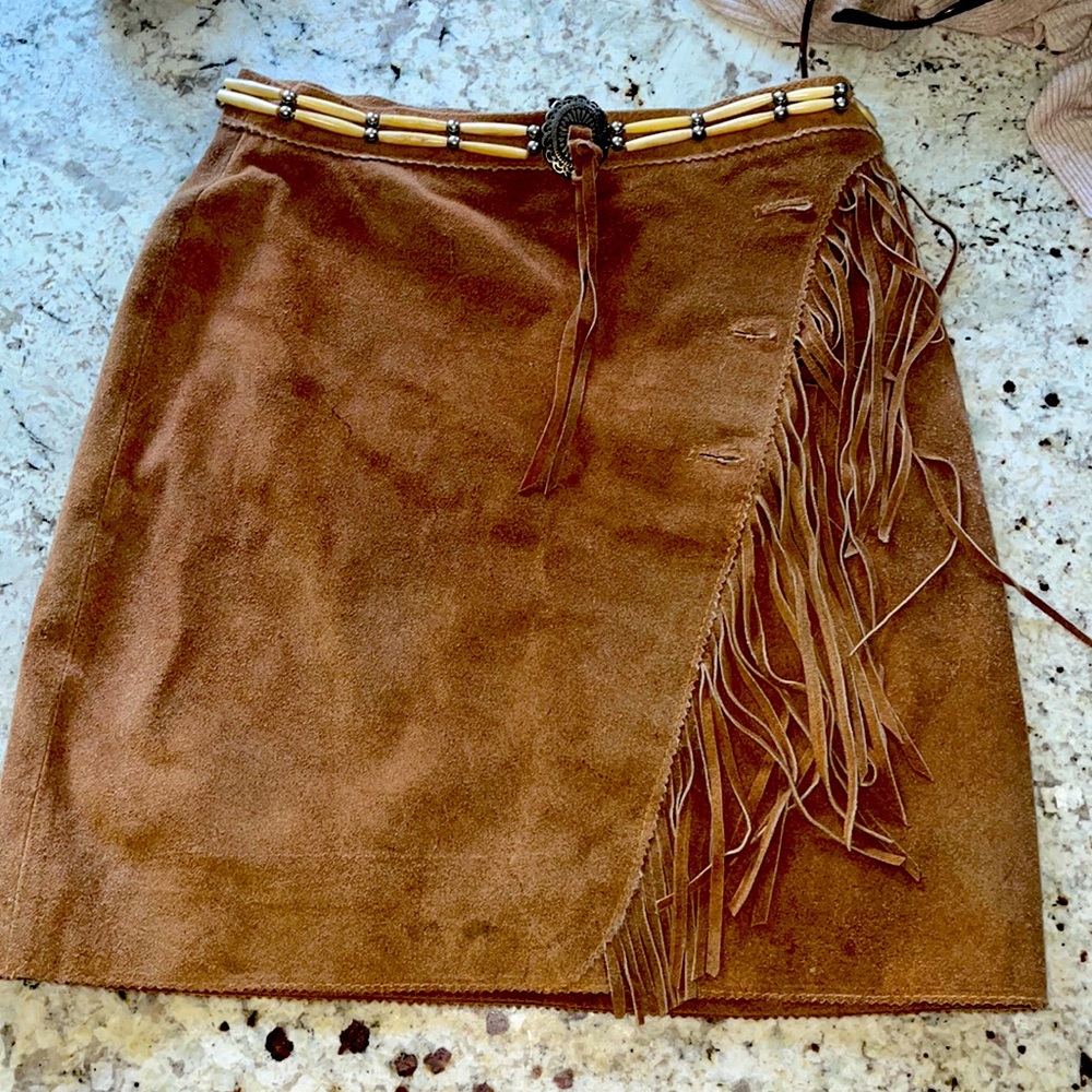 STUNNING real leather skirt with fringe detail and bone like belt and buttons M
